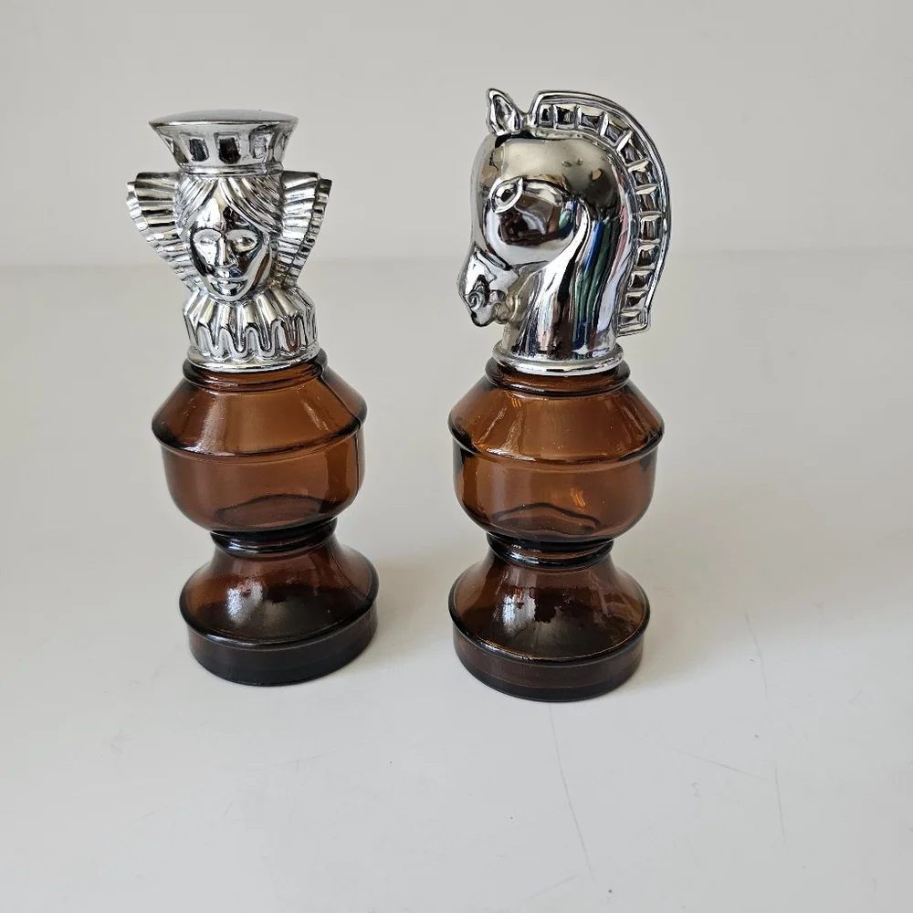 Vintage Chess Silver Head Refillable Brown Bottles Avon 3 oz